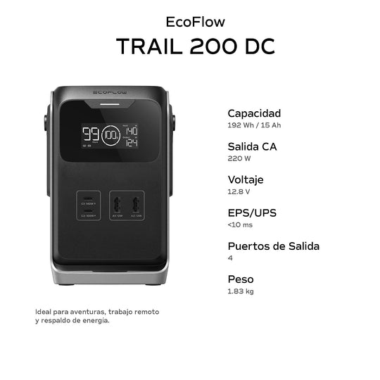 Estación Ecoflow Trail 200 DC con 192Wh/15Ah para Dispositvos USB