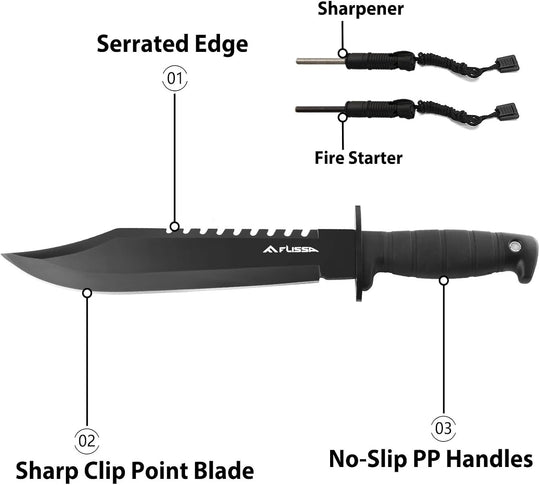 Cuchillo Montañista Flissa Tactical Bowie Knife con Pedernal y Afilador