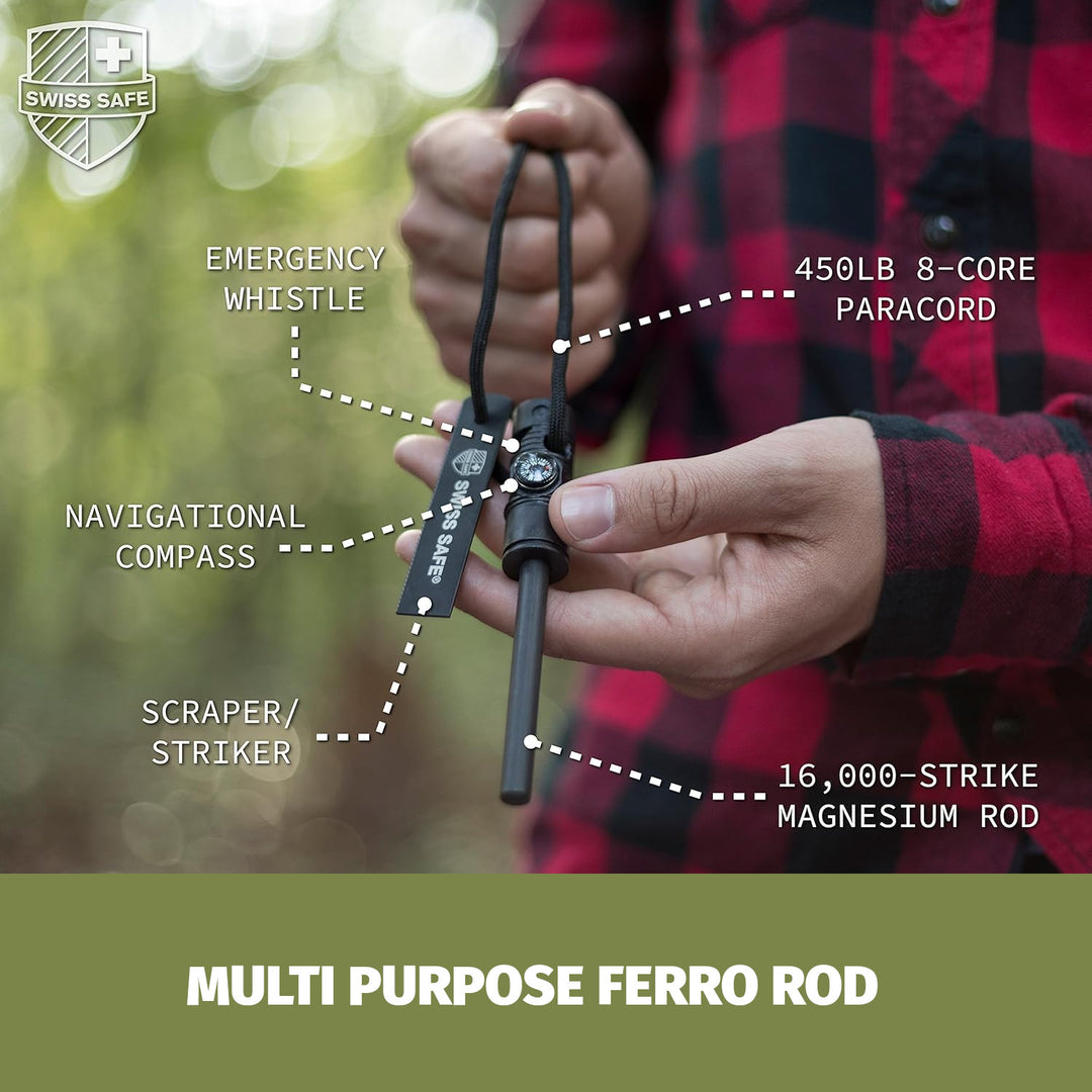 Pedernal o Ferrocerio con Brújula, Silbato, Paracord, Raspador y Fat Wood